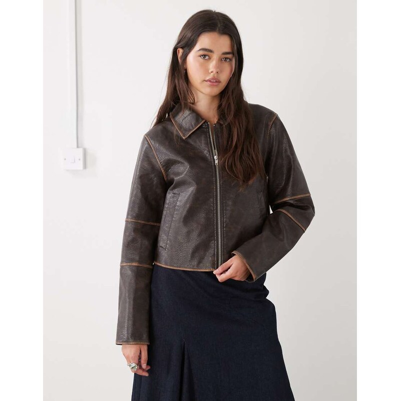 Noisy May boxy faux leather jacket in brown with contrast detail 112815562