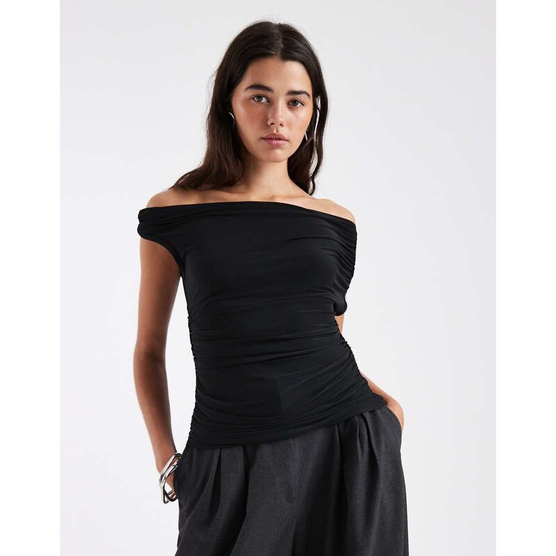 ASOS DESIGN slinky ruched off the shoulder bardot top in black