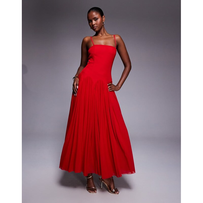 Rare London cami scallop drop waist pleated maxi dress in red 108228645