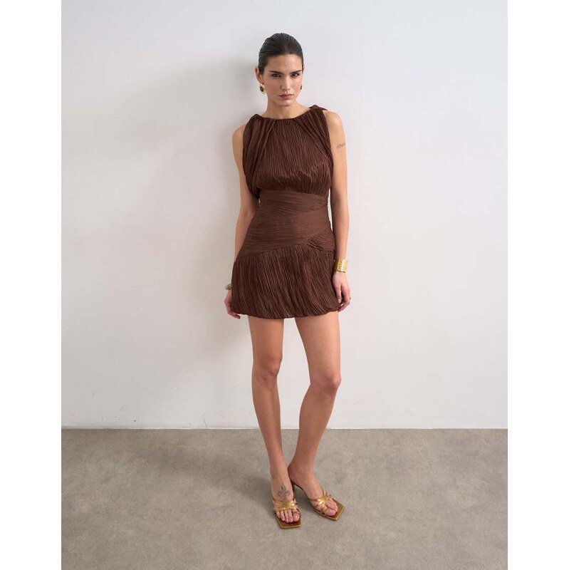 Topshop sculptural drape mini dress in chocolate-Brown