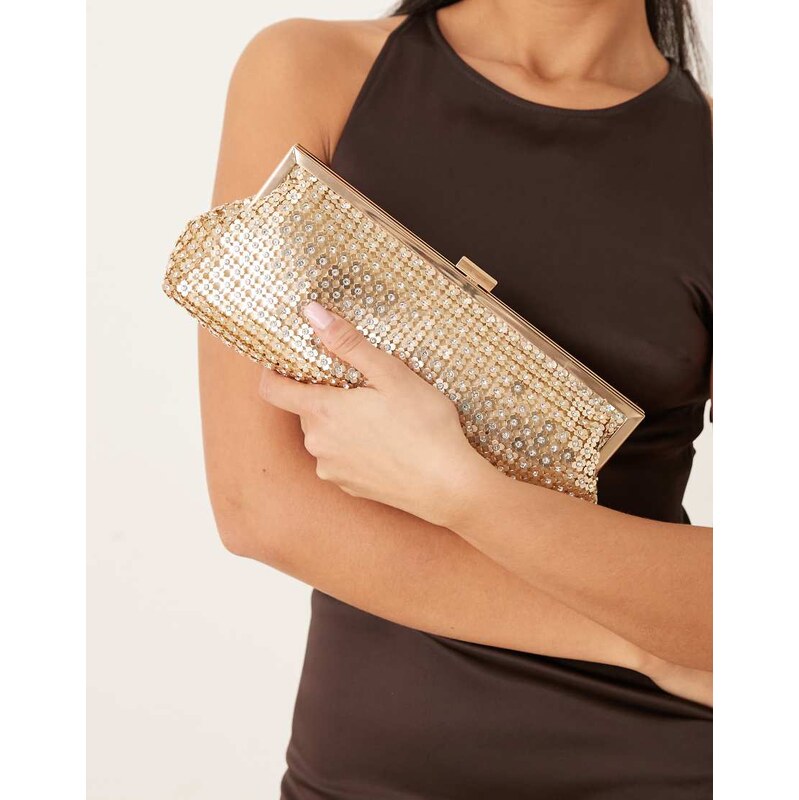 True Decadence floral sequin long clutch bag in gold