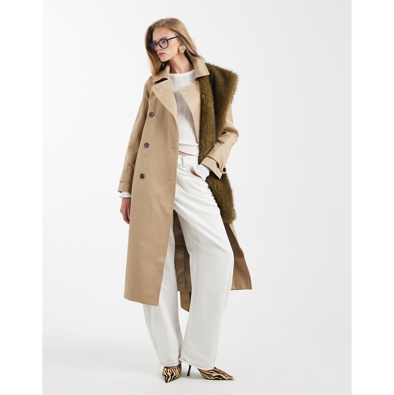 ASOS DESIGN longline water repellent trench coat in stone-Neutral 115515598