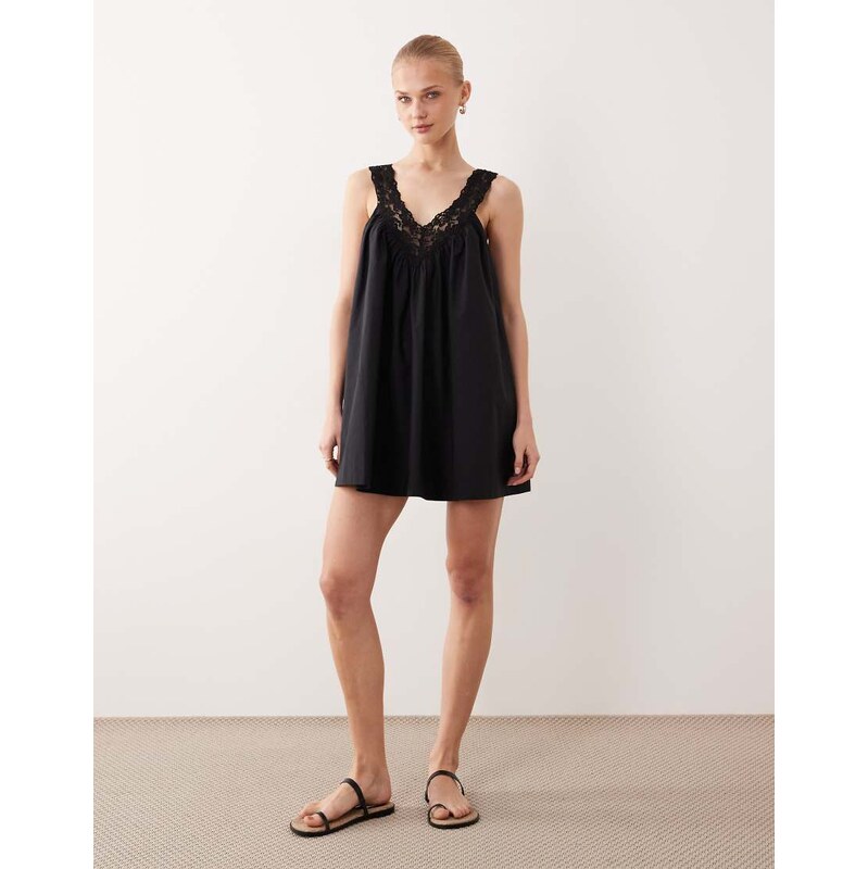 ASOS DESIGN v neck smock poplin mini sundress with lace overlay