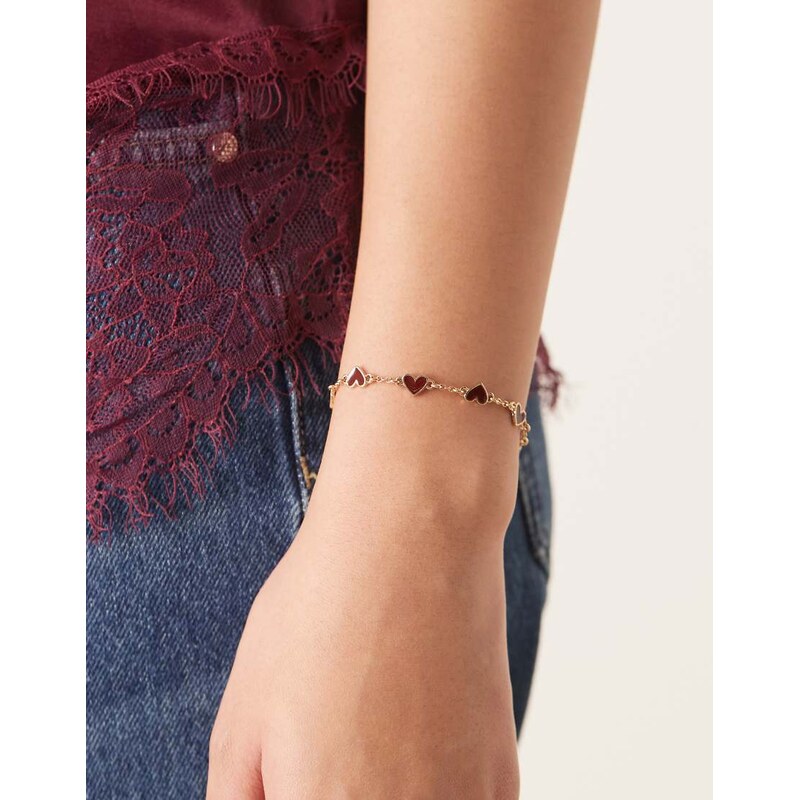 ASOS DESIGN gold chain heart bracelet with burgundy enamel 112818642