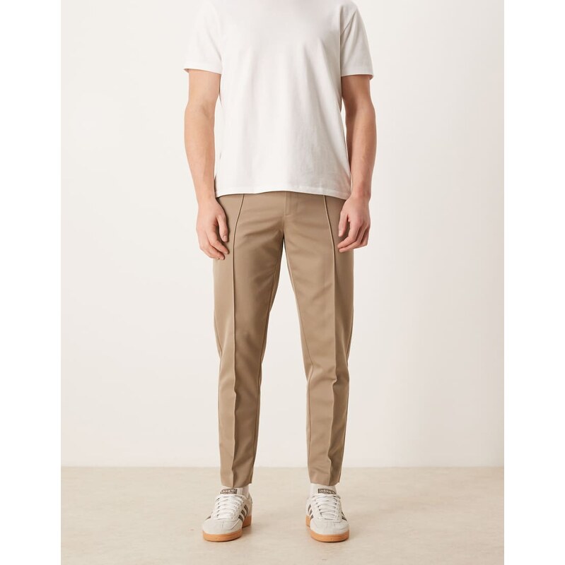 ASOS DESIGN tailored tapered trousers in khaki with pintuck