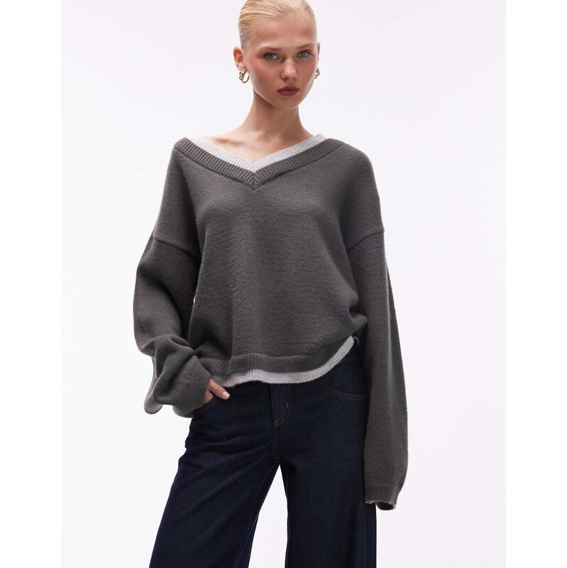 ASOS DESIGN knitted v neck jumper with double layer in charcoal-Grey 115681831