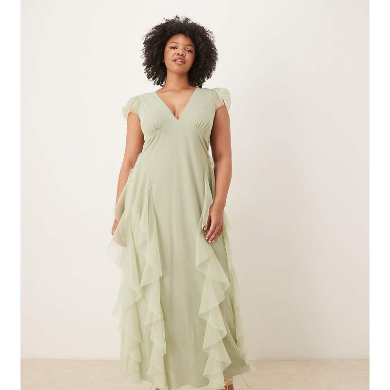 Lace & Beads Plus Bridesmaid plunge neck tulle ruffle maxi dress in 115521144