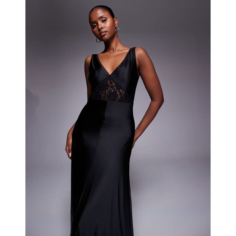Rare London lace detail liquid jersey low back maxi dress in black 112818720