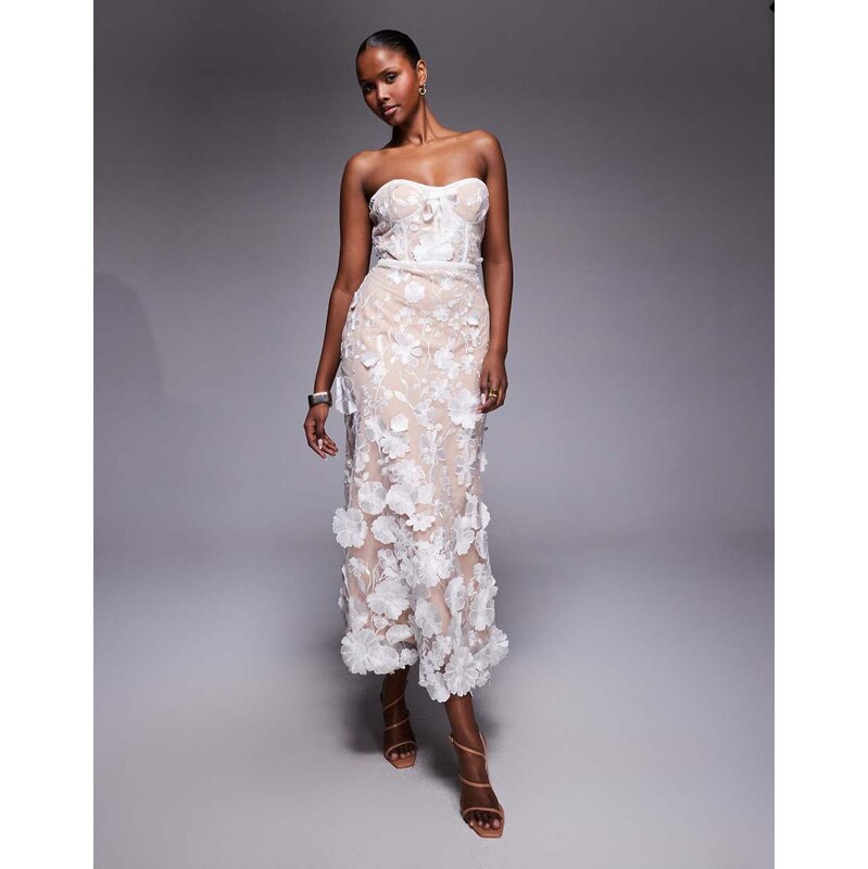 Jarlo Jolene corset bandeau midaxi dress in 3D lace in ivory