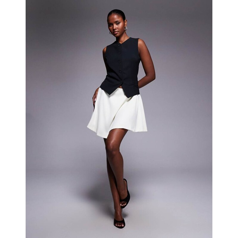 Rare London waistcoat detail contrast skirt mini dress in black