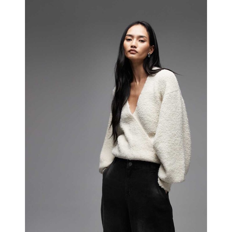 ASOS DESIGN knitted boucle wrap jumper in ecru-White