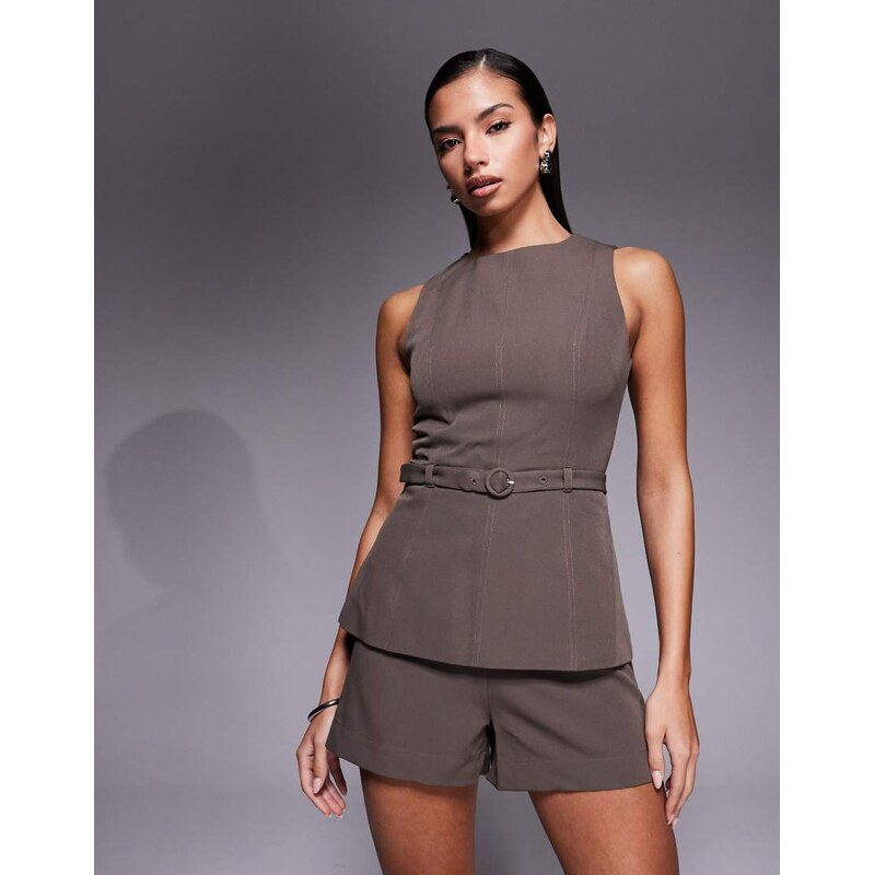 Rare London 2 in 1 belted playsuit in mocha-Brown 112839980