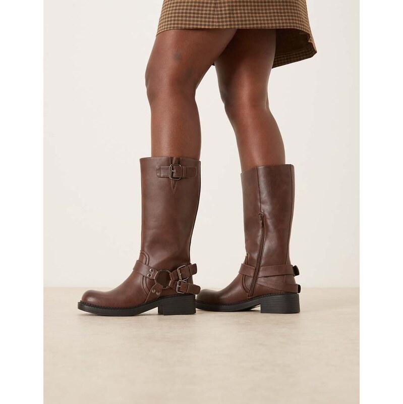 Glamorous harness biker knee boots in distressed brown