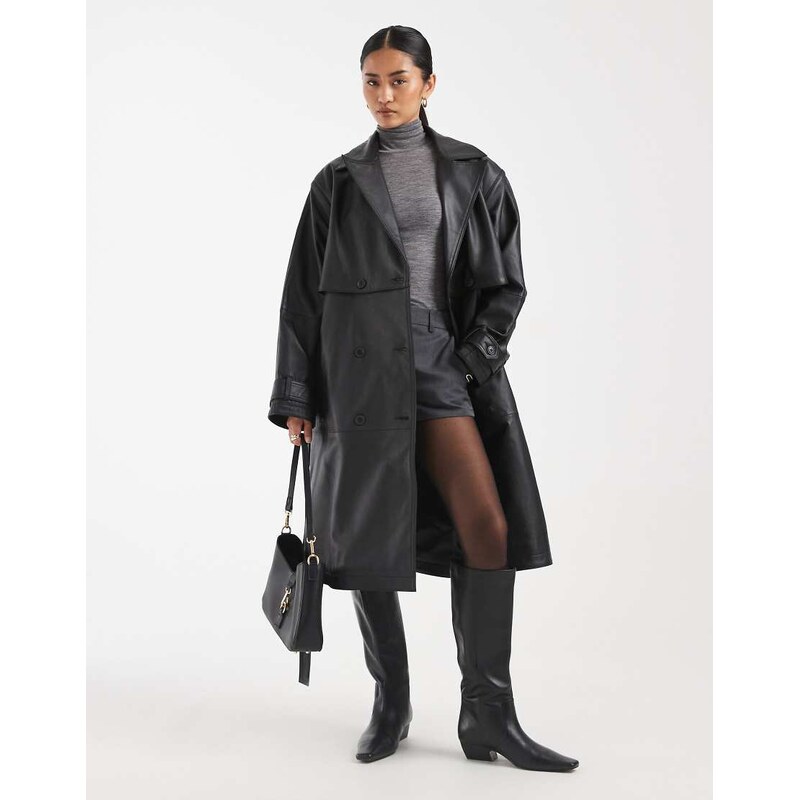 ASOS DESIGN mid length real leather trench coat in black-Yellow 112839842