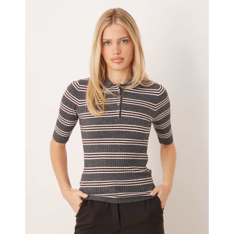 Mango short sleeve knitted polo top in grey stripe