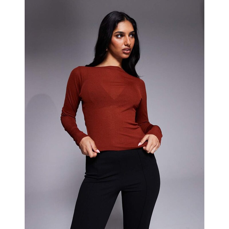 ASOS DESIGN sheer second skin asymmetric hem long sleeve top in