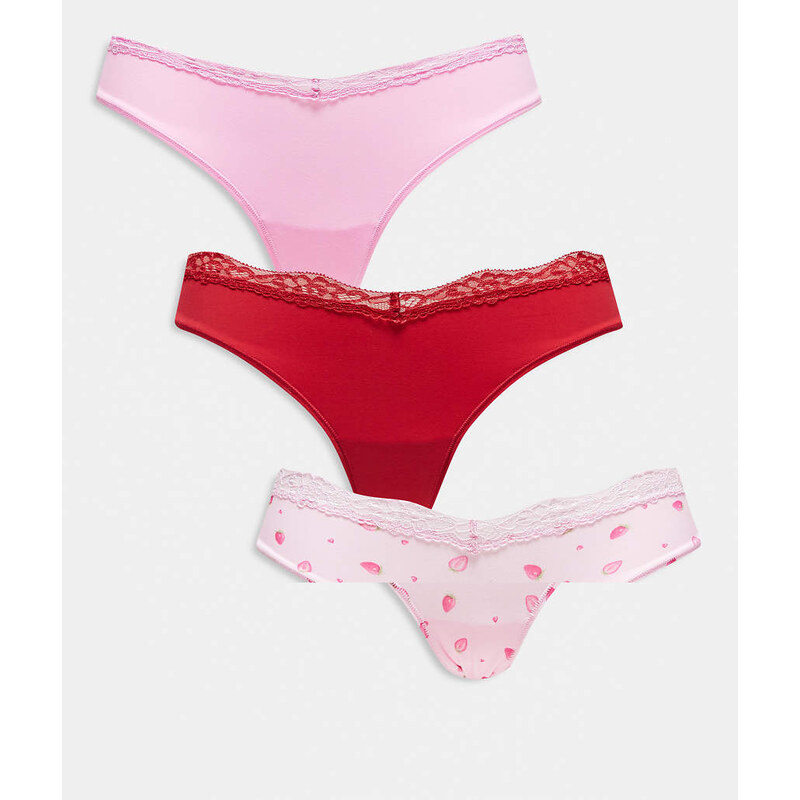 Boux Avenue 3 pack high leg thong with lace trim in multi 112840190