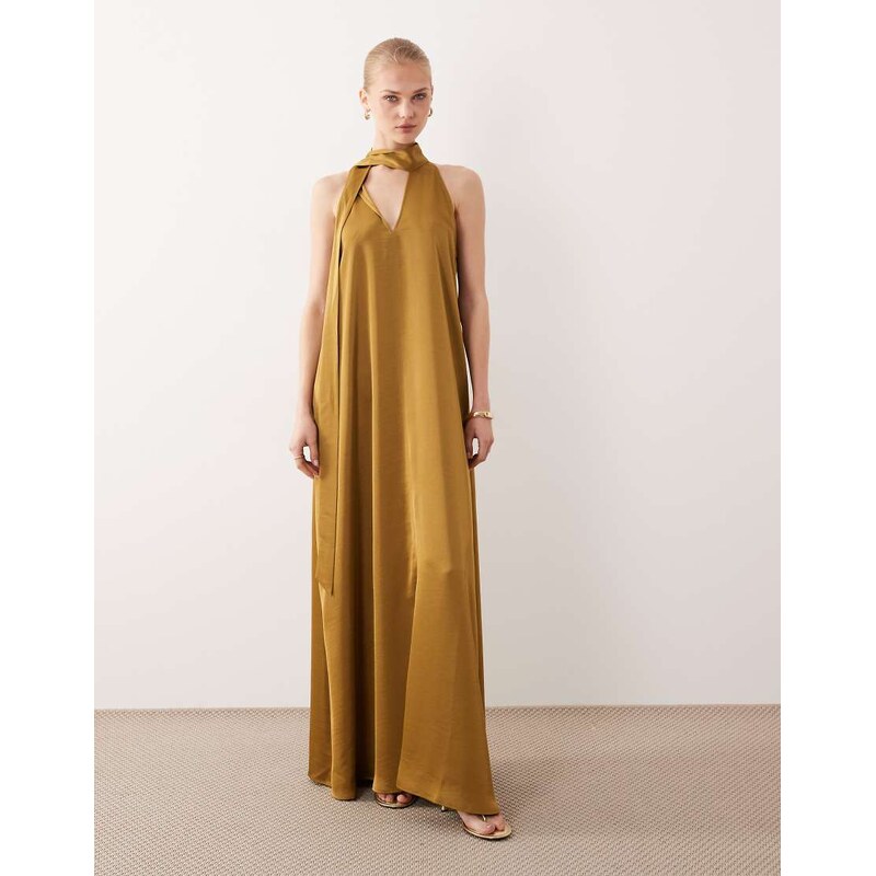 Vila scarf neck satin maxi dress in olive green