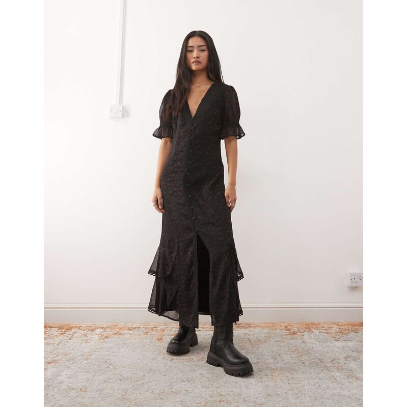 Reclaimed Vintage midi button down tea dress with ruffles in black 112969515
