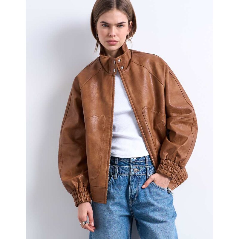 Topshop leather look funnel neck jacket in washed brown