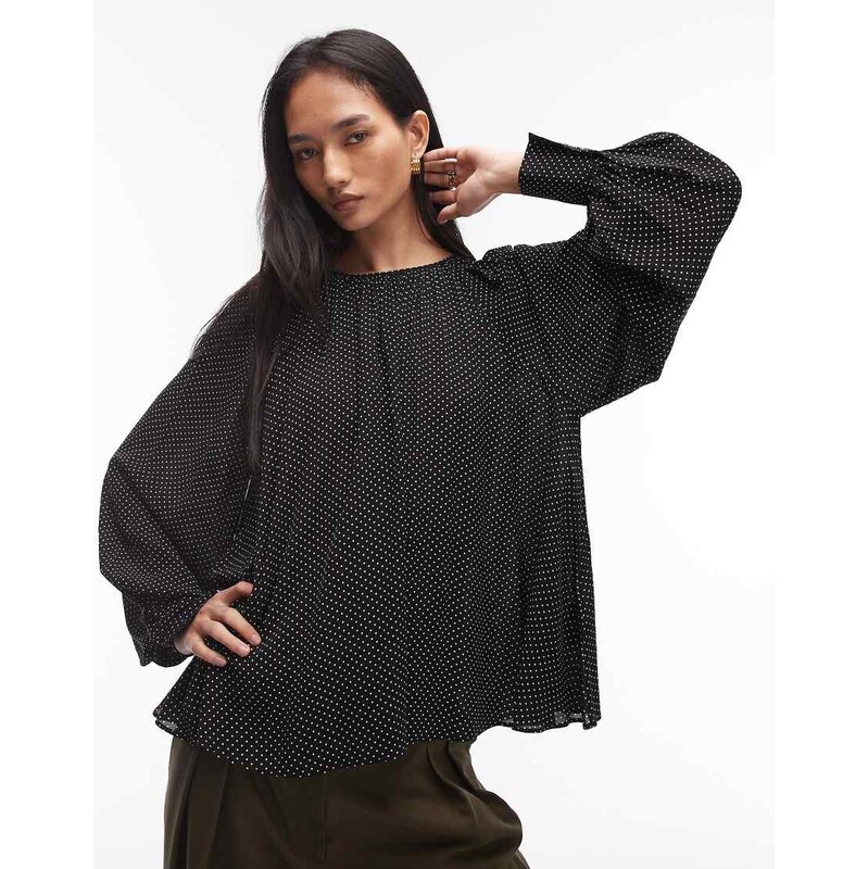 & Other Stories chiffon volumen blouse top in black with white