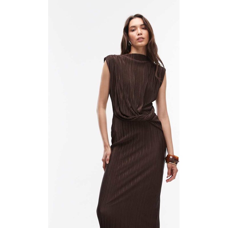 ASOS DESIGN plisse slash neck pencil midi dress with twist waist