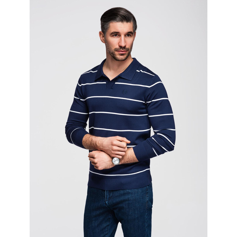 Ombre Mens horizontal striped polo longsleeve with viscose -
