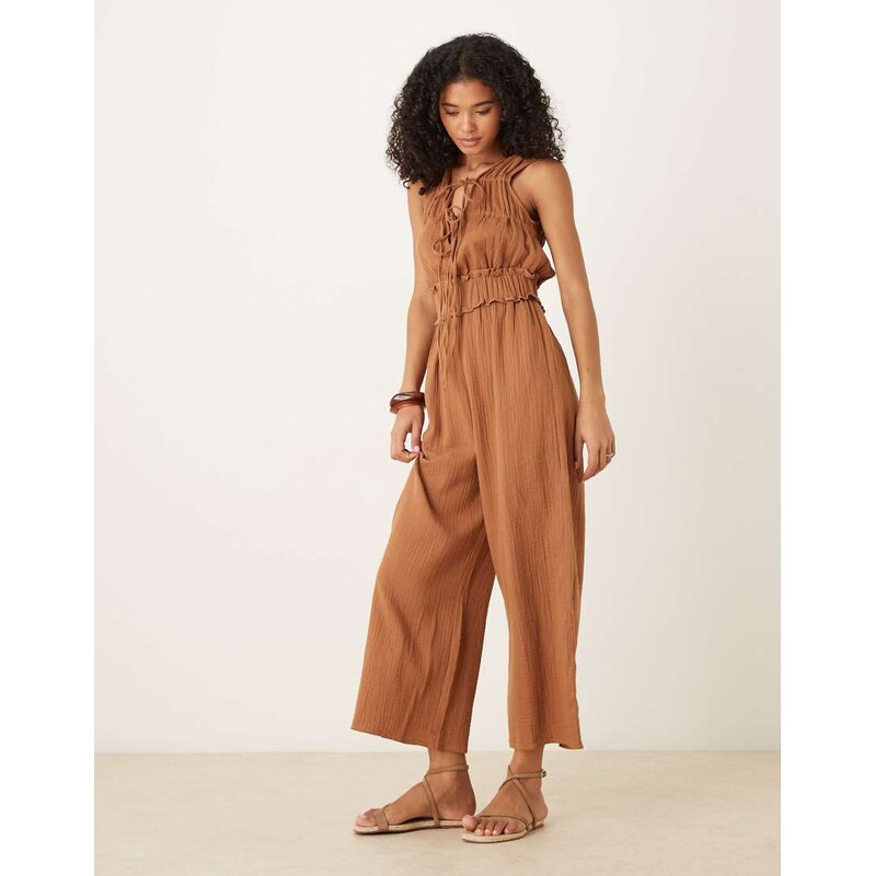 ASOS DESIGN double cloth gathered bust jumpsuit in camel-Neutral 112846642