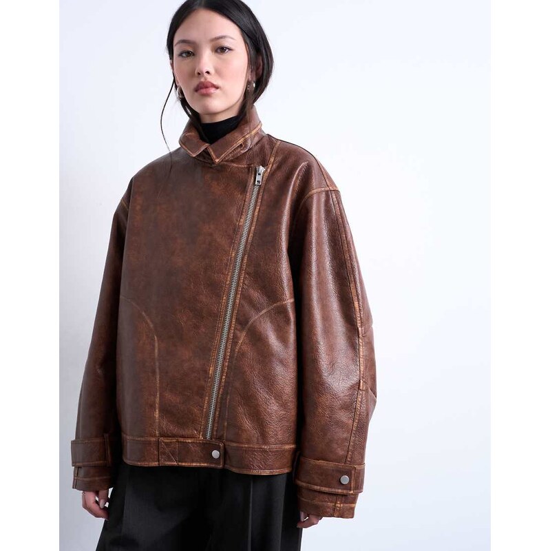 Topshop faux leather funnel neck biker jacket in washed brown