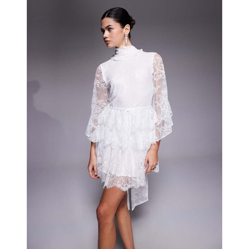 Bardot lace high neck scarf mini dress in white