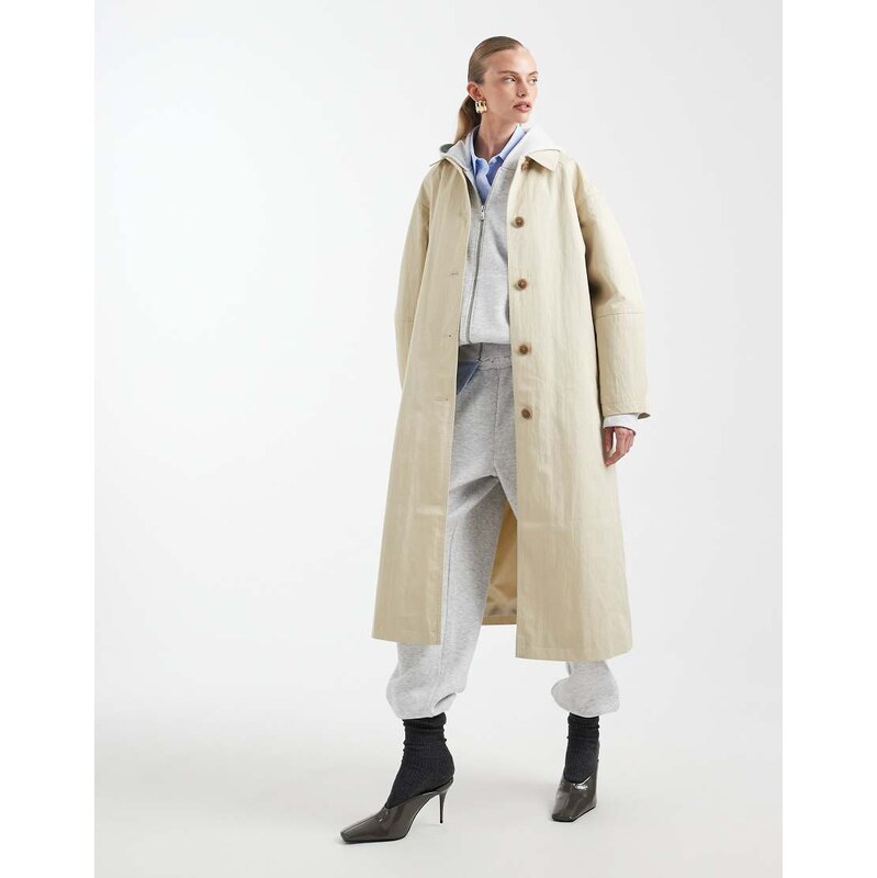 ASOS DESIGN longline trench coat with pleat detail in stone-Neutral 115515721