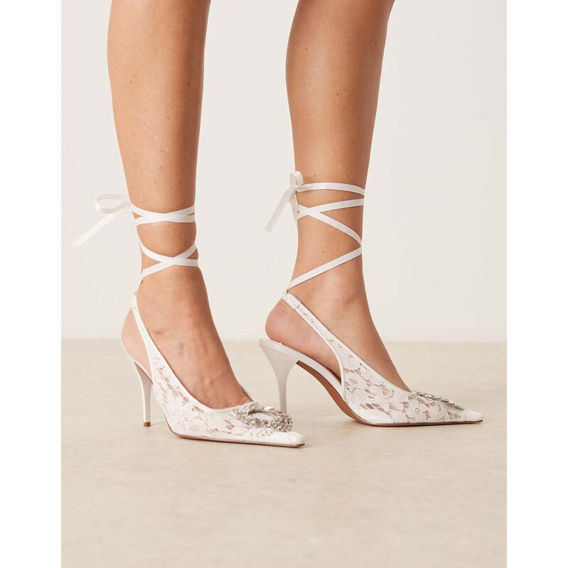 ASOS DESIGN Pascha trim detail tie leg snipped toe court shoes in white lace