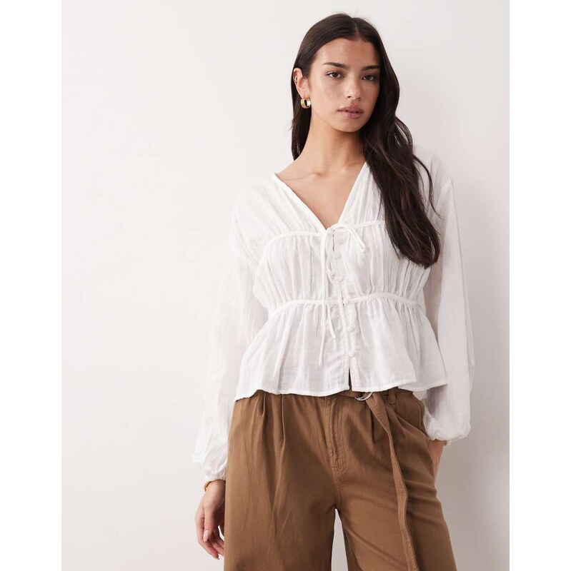 ASOS DESIGN long sleeve smock top with button front in ivory