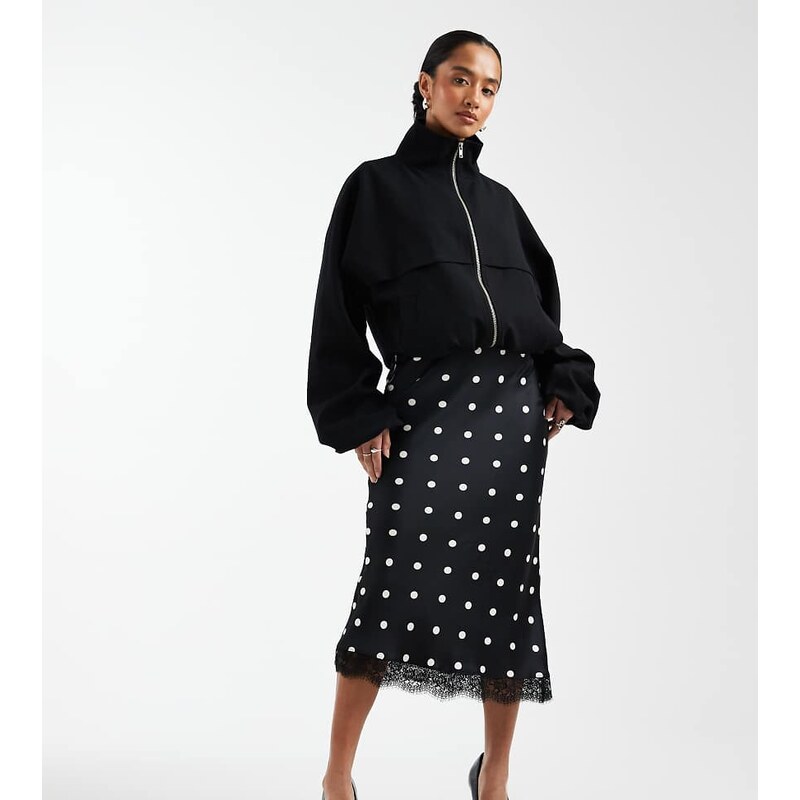 New Look Petite polka dot lace trim satin midi skirt in black