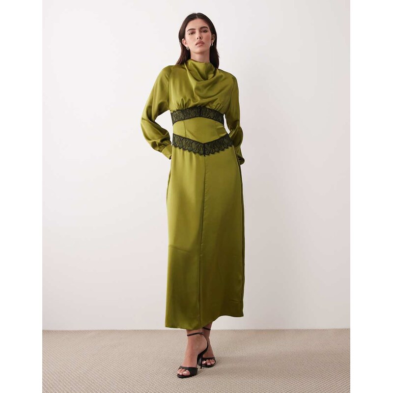 ASOS DESIGN satin high neck lace detail maxi dress in olive