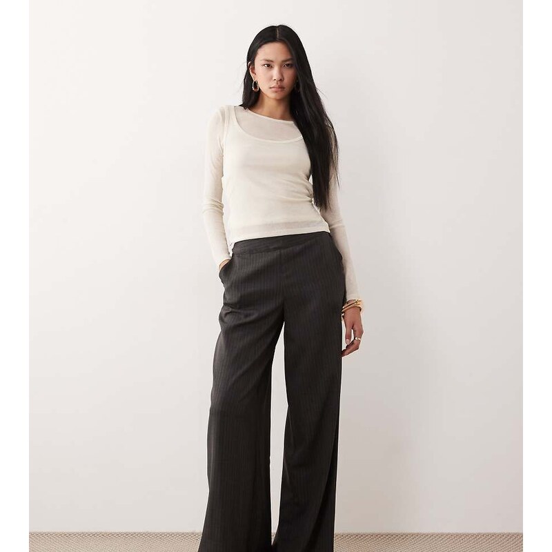 JDY Tall pull on wide leg trousers in charcoal pinstripes-Grey 112844284