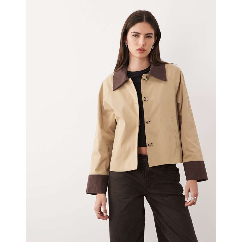 Vila cord trim barn jacket in beige-Brown 112844309