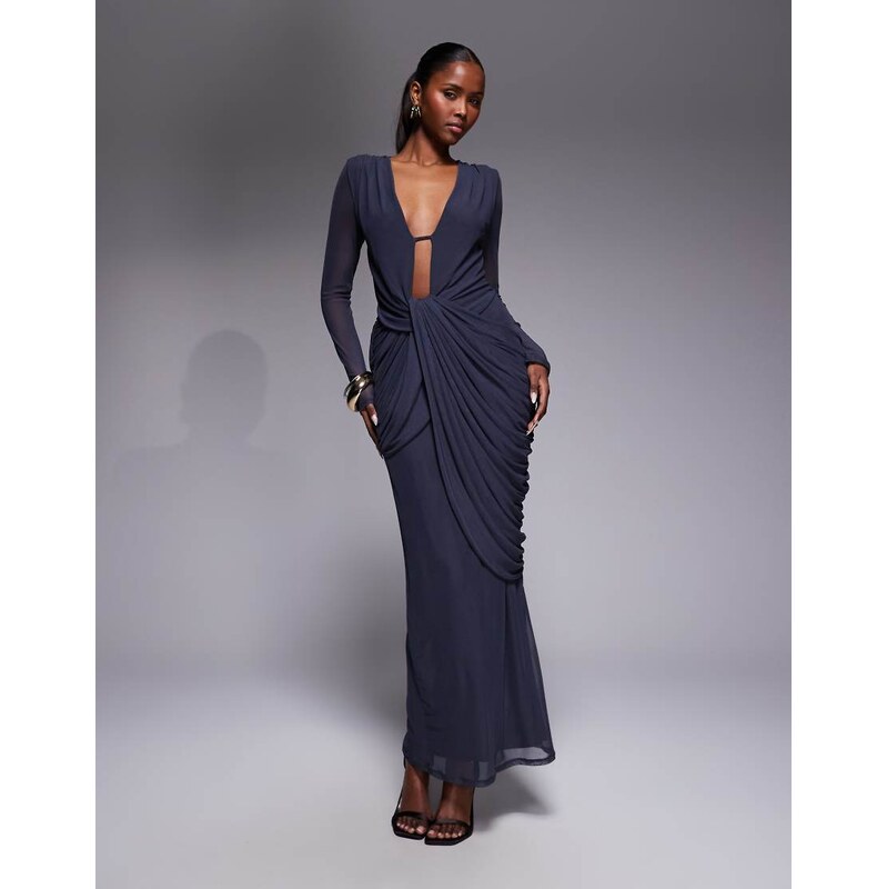 ASOS DESIGN mesh deep plunge long sleeve midi dress with draping