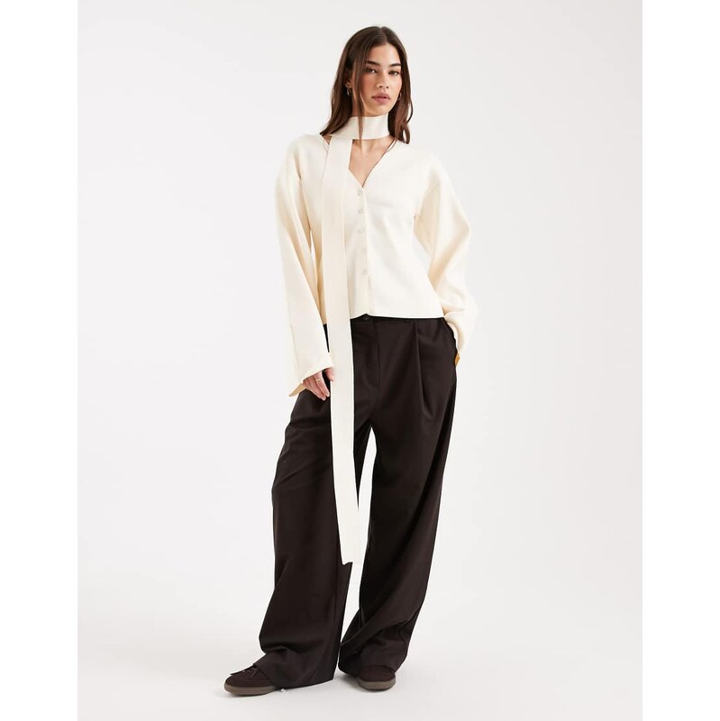 ASOS DESIGN knitted structured cardigan with scarf in cream