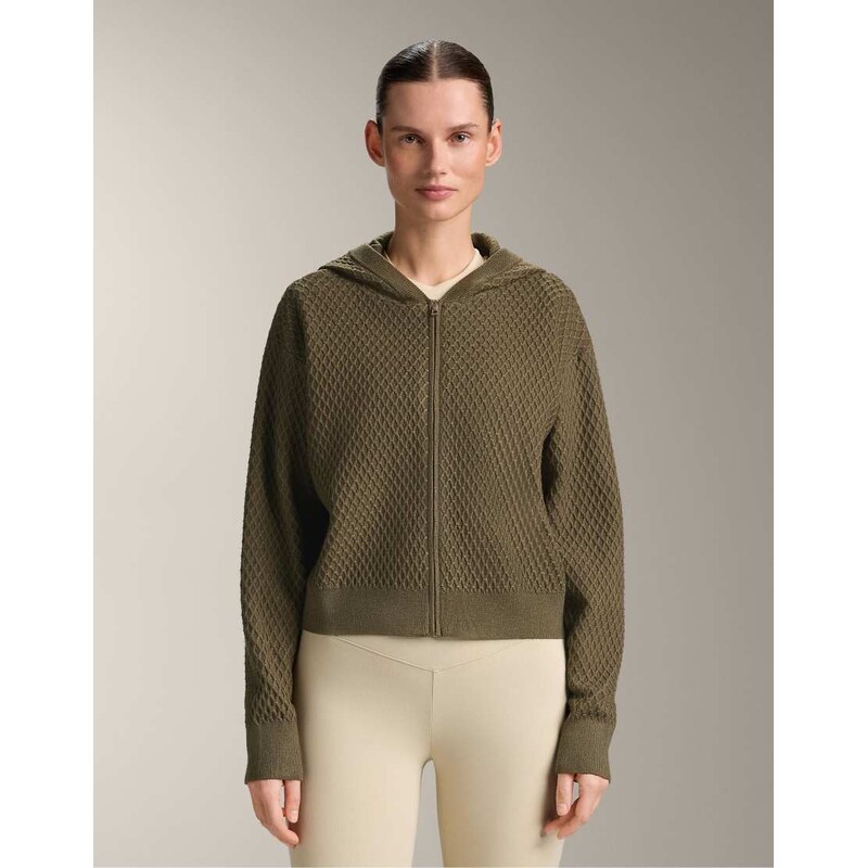 OYSHO Structured knit hooded jacket in khaki-Green 112844377