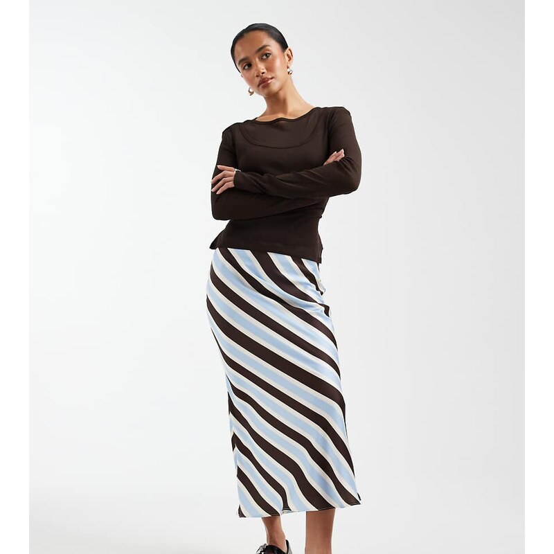 New Look Petite stripe satin bias midi skirt in brown-White
