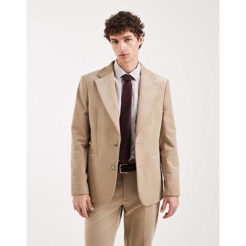 ASOS DESIGN slim suit jacket in beige corduroy-Neutral