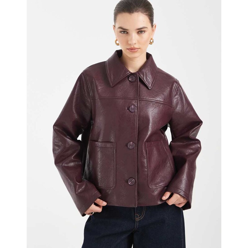 ASOS DESIGN leather look harrington jacket in burgundy-Brown