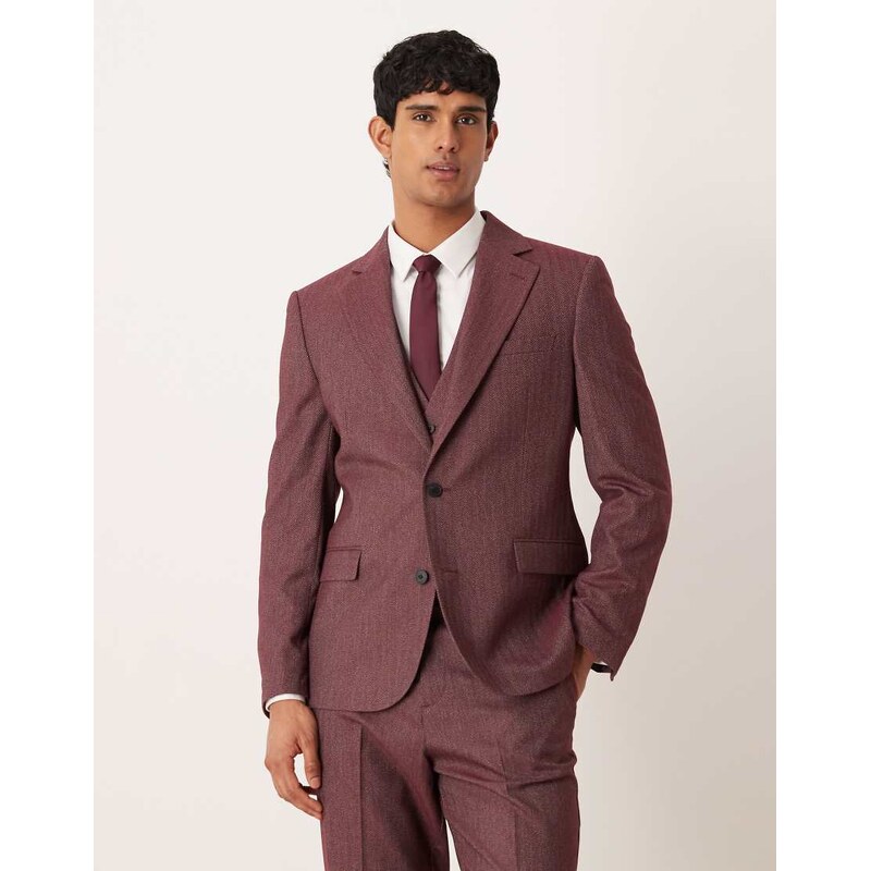 ASOS DESIGN slim suit jacket in burgundy herringbone-Red