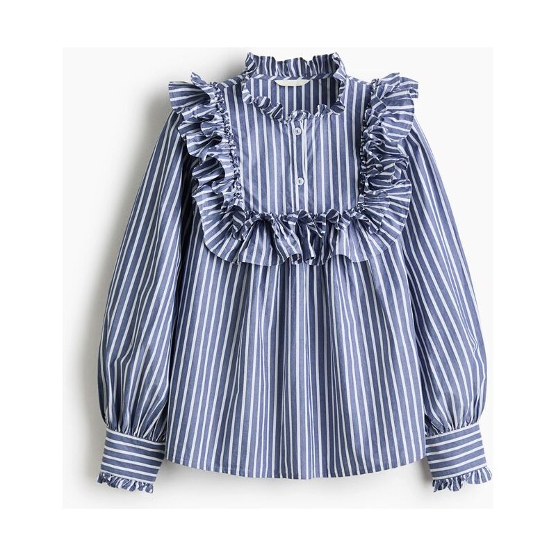 H&M - Bavlněná halenkas volánkovými lemy - Modrá/Proužky