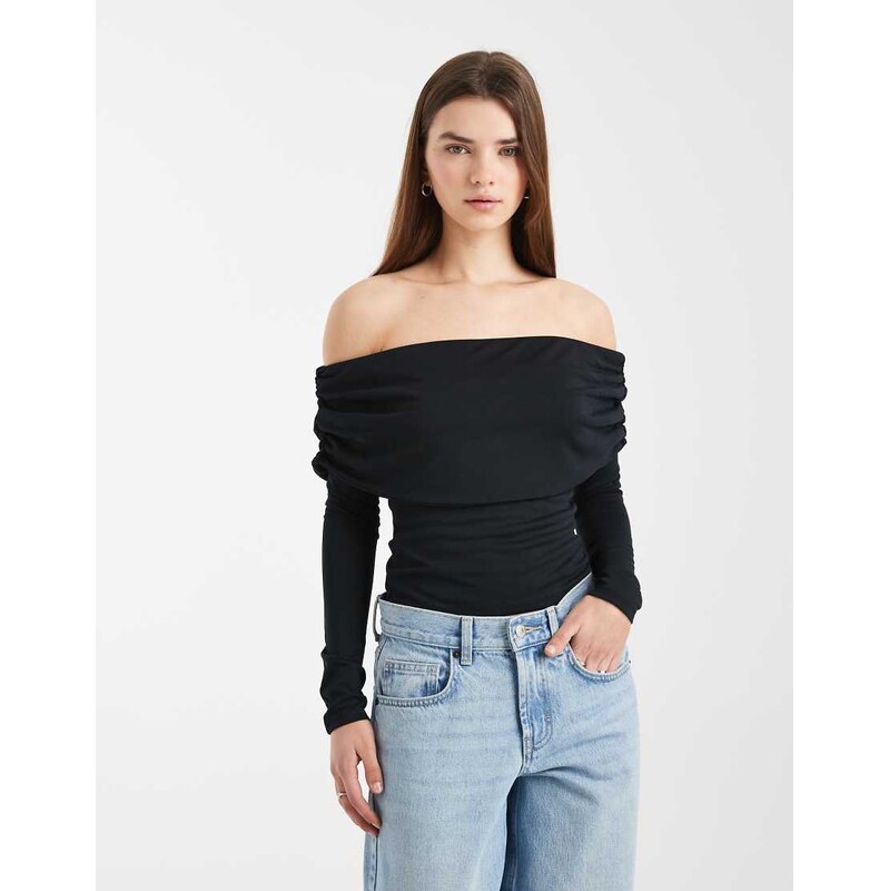 ASOS DESIGN soft touch fold over bardot long sleeve top in black