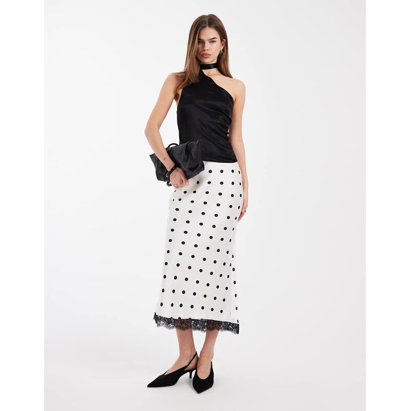 New Look polka dot lace trim satin midi skirt in cream-White