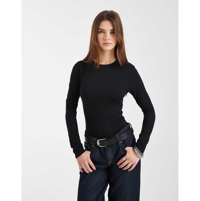 ASOS DESIGN cotton long sleeve bodysuit in black