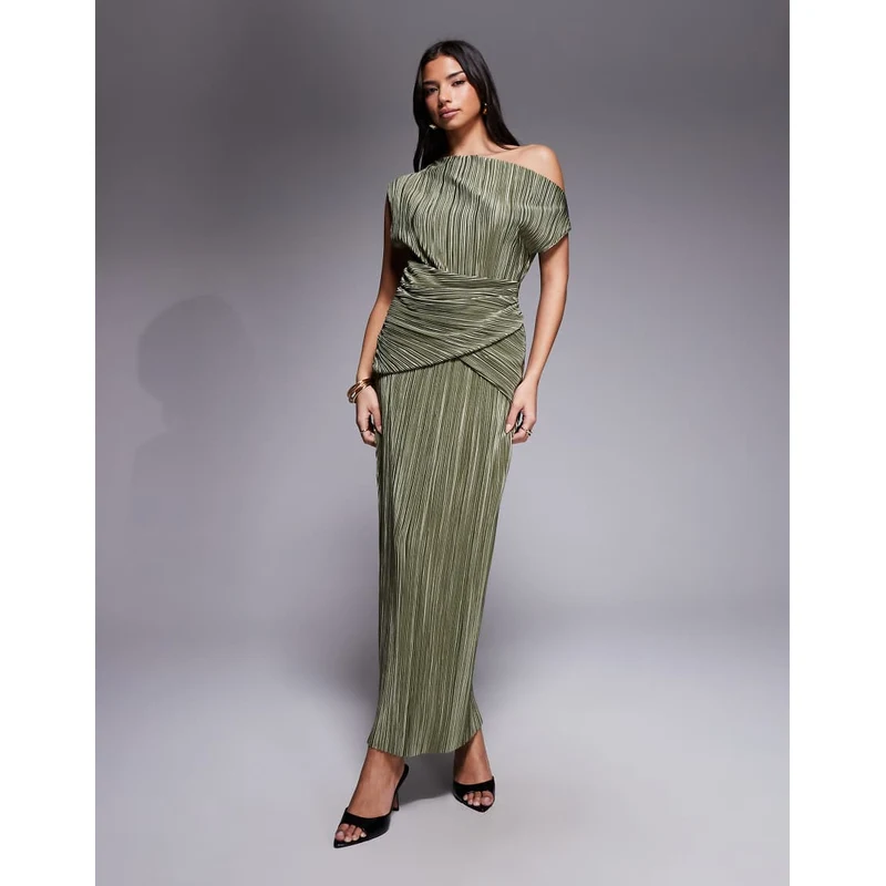 asos design fallen shoulder plisse midi dress ASOS DESIGN plisse fallen shoulder midi dress in light gray