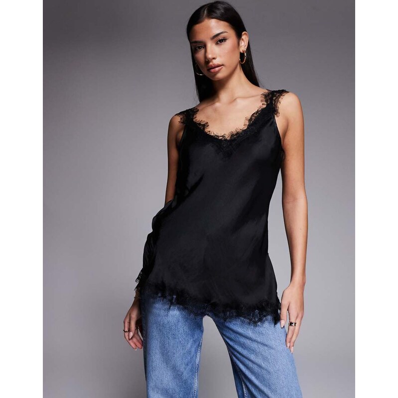 River Island longline lace detail cami in black